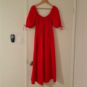 STAUD Red Maxi Dress with Puff Sleeves